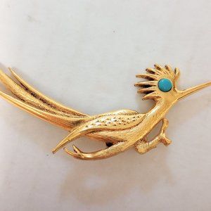 Vintage J. Ritter Gold-tone Roadrunner Brooch/Pin Faux Turquoise